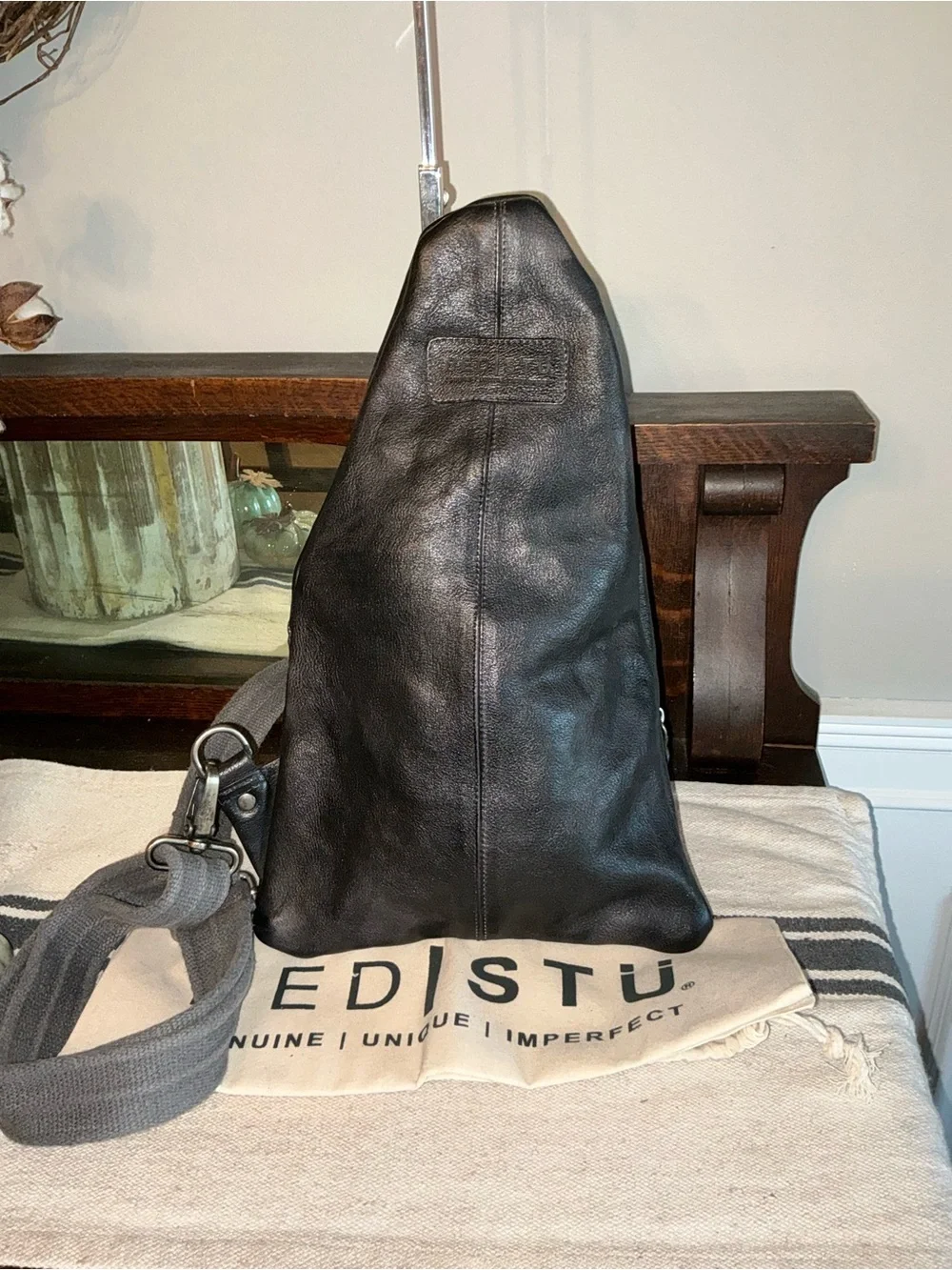 NWT Bed Stu Leather Unisex Andie Sling Backpack Black DD Dip Dyed MSRP $240